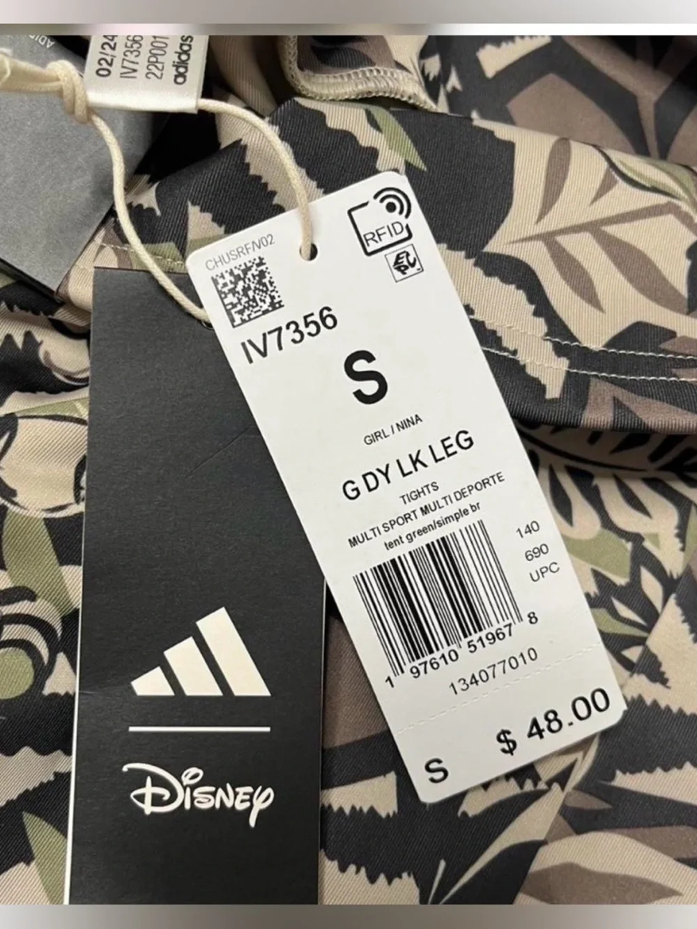 NWT Adidas Disney Black & Olive Tropical Print Leggings Girls S